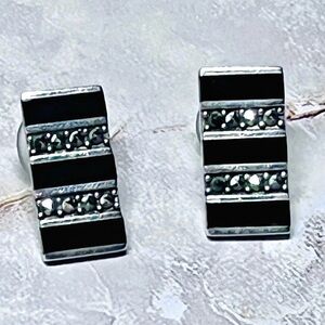 925 Sterling Silver Post Pierced Earrings 1 3/8" Rectangles Blk Onyx Marcasite